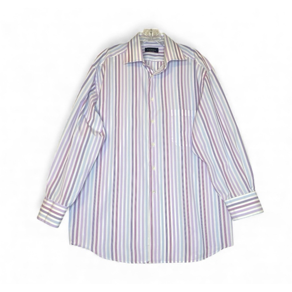 Canali  Dress Shirt Mens 16.5/ 42 Purple Blue Stripe Button Up Made Italy